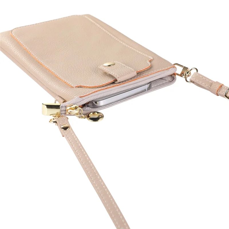 Litchi Texture Zipper Mobile Phone Bag Universal Dual Layer Cell Phone Pouch with Adjustable Shoulder Strap - Brown