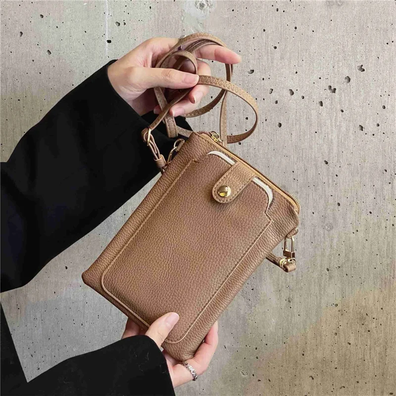 Litchi Texture Zipper Mobile Phone Bag Universal Dual Layer Cell Phone Pouch with Adjustable Shoulder Strap - Brown