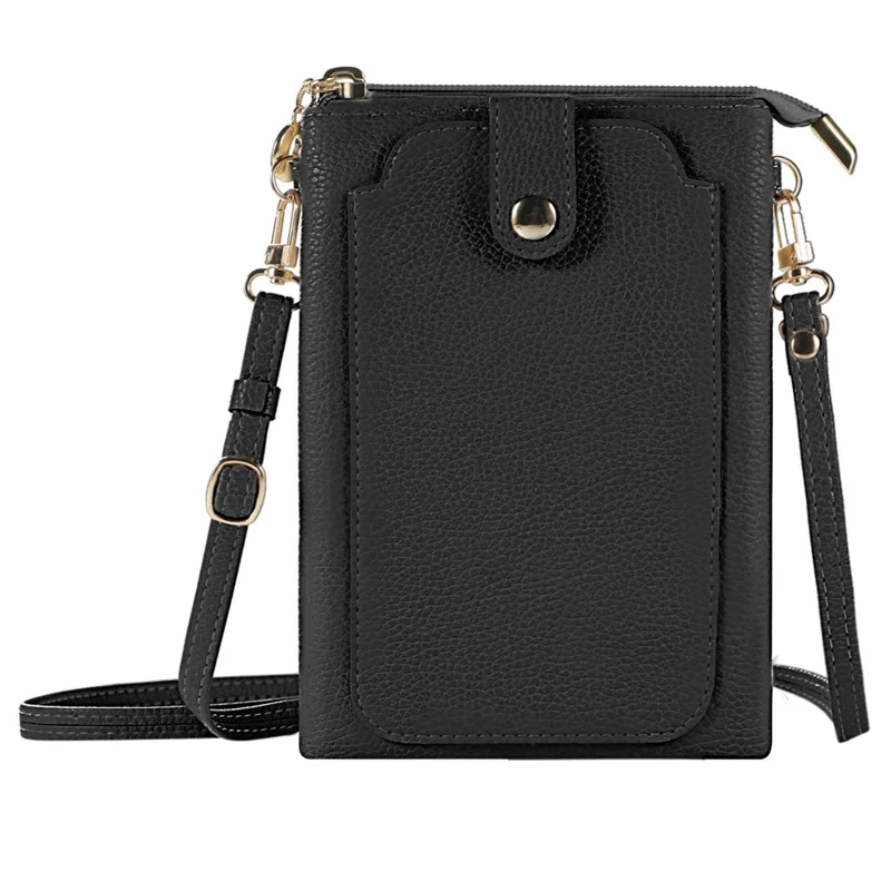 Litchi Texture Zipper Mobile Phone Bag Universal Dual Layer Cell Phone Pouch with Adjustable Shoulder Strap - Black