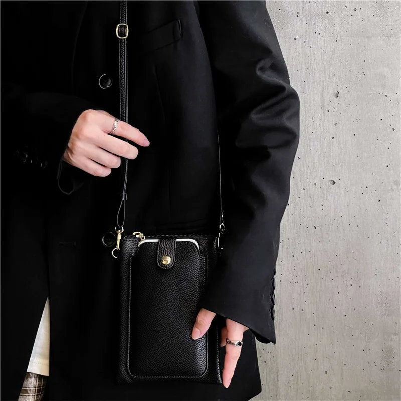 Litchi Texture Zipper Mobile Phone Bag Universal Dual Layer Cell Phone Pouch with Adjustable Shoulder Strap - Black