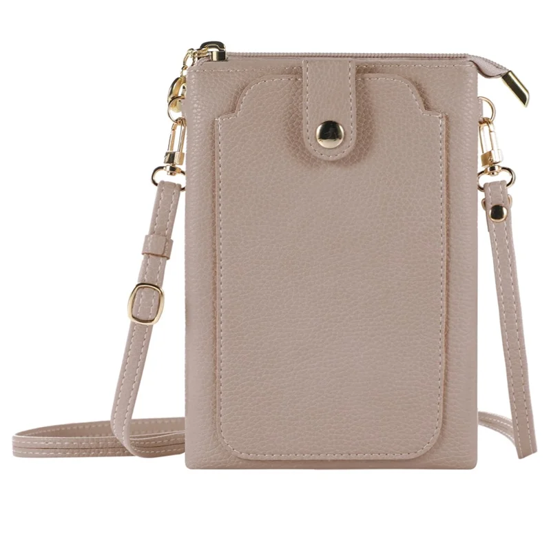 Litchi Texture Zipper Mobile Phone Bag Universal Dual Layer Cell Phone Pouch with Adjustable Shoulder Strap - Light Brown