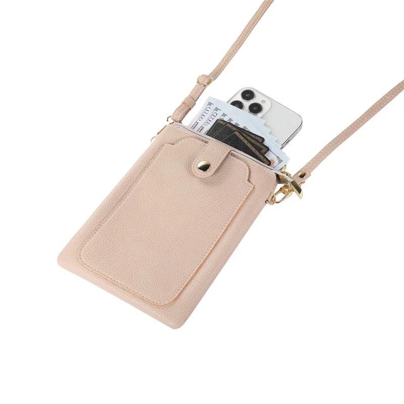 Litchi Texture Zipper Mobile Phone Bag Universal Dual Layer Cell Phone Pouch with Adjustable Shoulder Strap - Light Brown
