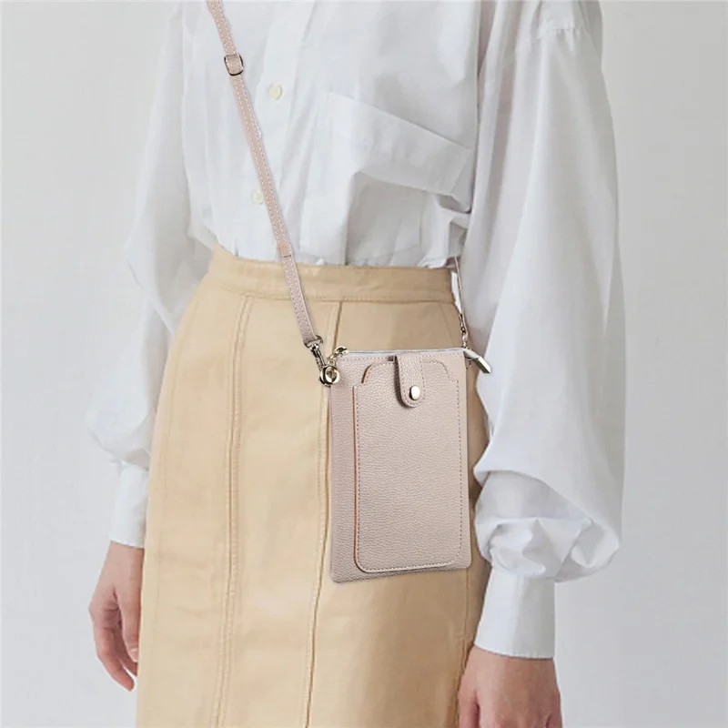 Litchi Texture Zipper Mobile Phone Bag Universal Dual Layer Cell Phone Pouch with Adjustable Shoulder Strap - Light Brown