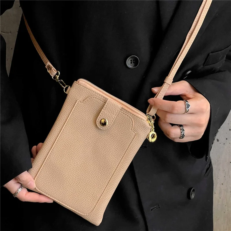 Litchi Texture Zipper Mobile Phone Bag Universal Dual Layer Cell Phone Pouch with Adjustable Shoulder Strap - Light Brown