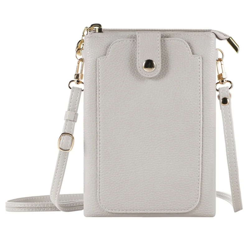 Litchi Texture Zipper Mobile Phone Bag Universal Dual Layer Cell Phone Pouch with Adjustable Shoulder Strap - White