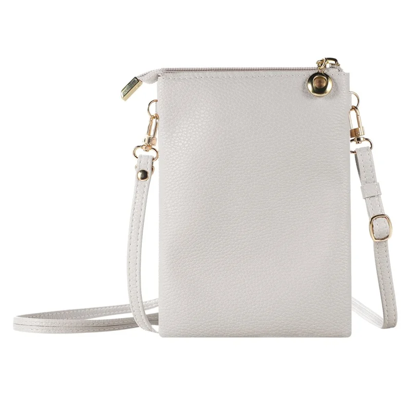 Litchi Texture Zipper Mobile Phone Bag Universal Dual Layer Cell Phone Pouch with Adjustable Shoulder Strap - White