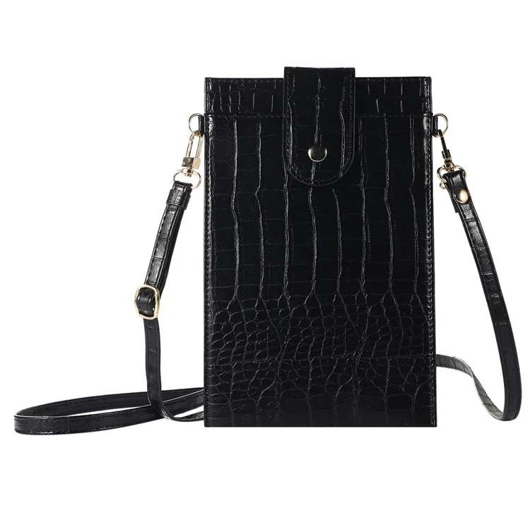 Borsa a tracolla per telefono Dual Layer Textured PU Leather Button Cellphone Purse Pouch con cinturino regolabile - Nero