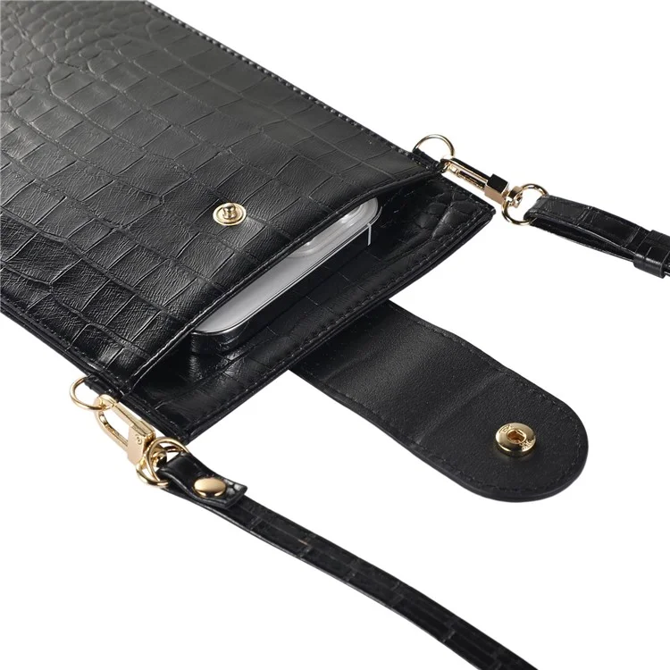 Borsa a tracolla per telefono Dual Layer Textured PU Leather Button Cellphone Purse Pouch con cinturino regolabile - Nero
