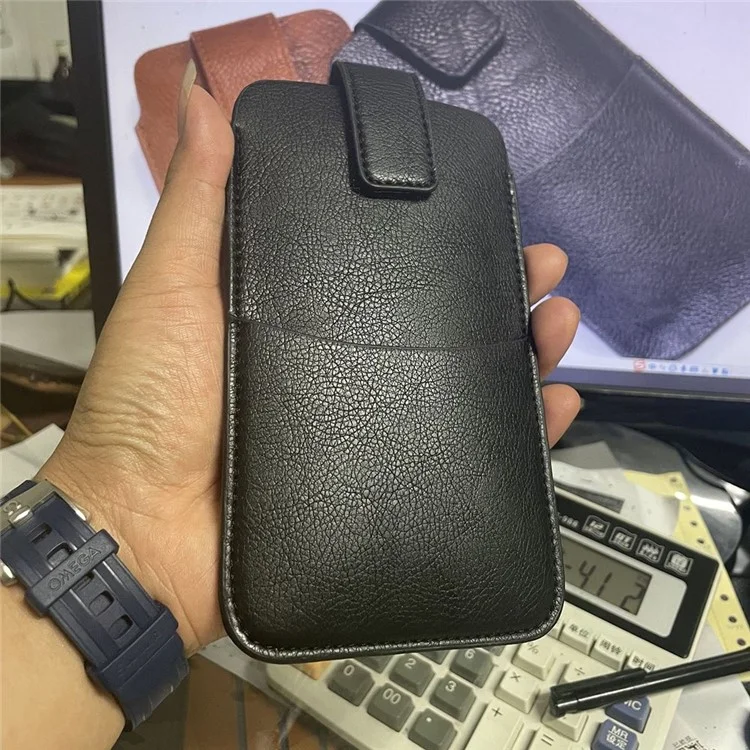 PU Leather Waist Bag with Card Slot Litchi Texture Belt Phone Case Vertical Waist Phone Pouch for Men (Size: XL) - Black