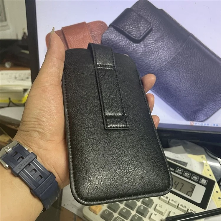 PU Leather Waist Bag with Card Slot Litchi Texture Belt Phone Case Vertical Waist Phone Pouch for Men (Size: XL) - Black