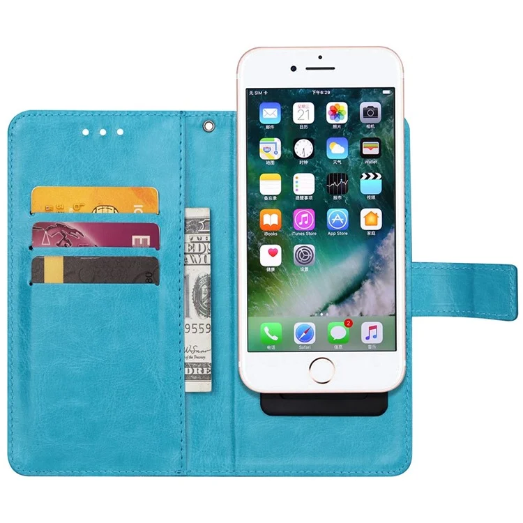 Universal Crazy Horse Texture PU Leather Wallet Case Magnetic Clasp Adhesive Sliding Plate Phone Cover, 17.5x15.5x2cm - Sky Blue