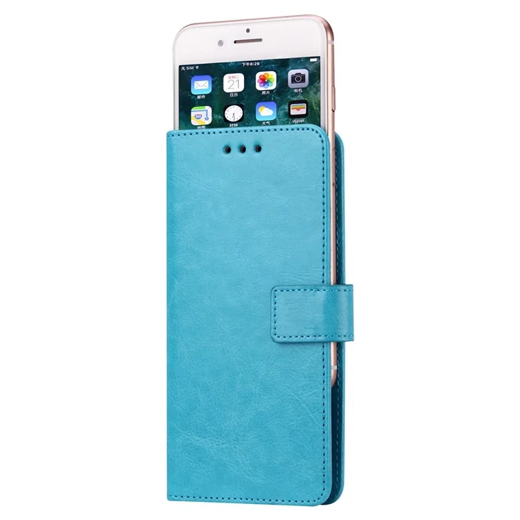 Universal Crazy Horse Texture PU Leather Wallet Case Magnetic Clasp Adhesive Sliding Plate Phone Cover, 17.5x15.5x2cm - Sky Blue