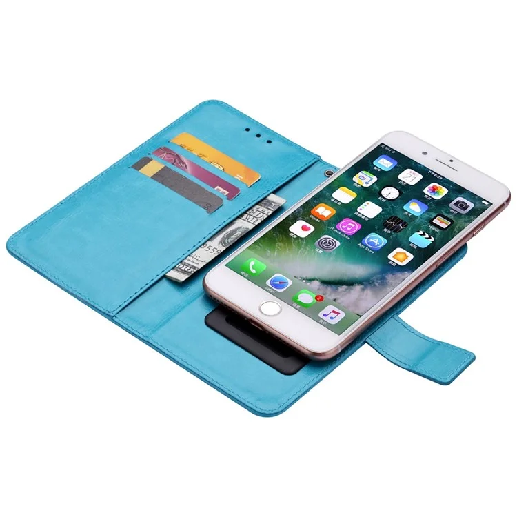 Universal Crazy Horse Texture PU Leather Wallet Case Magnetic Clasp Adhesive Sliding Plate Phone Cover, 17.5x15.5x2cm - Sky Blue