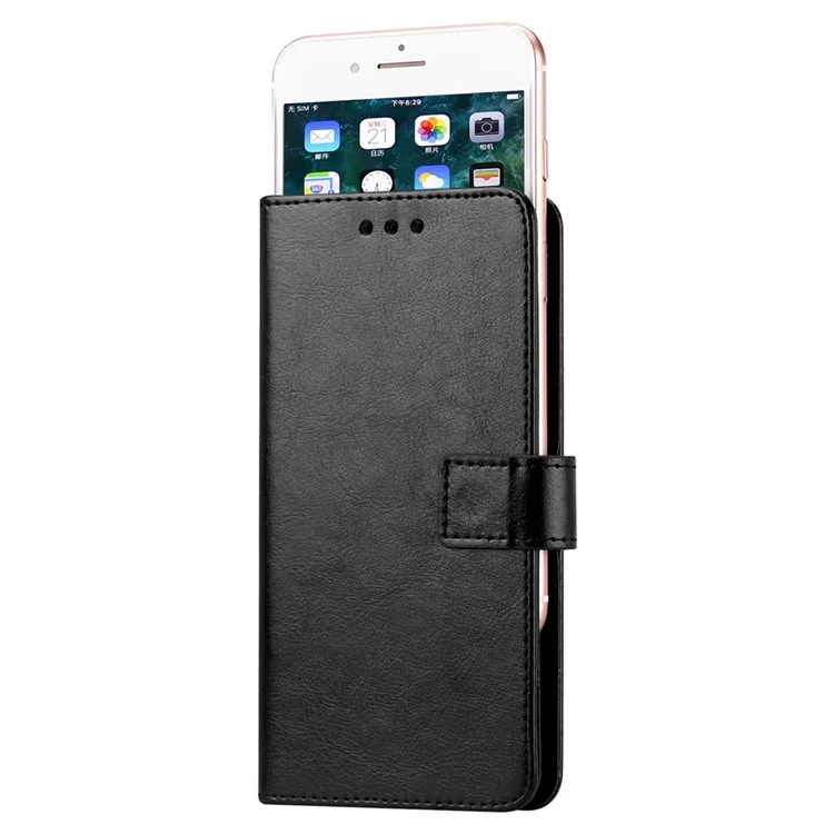 Crazy Horse Texture Universal Adesivo Deslizante Placa Telefone Caso PU Couro Carteira Função Folio Flip Cover, 18x16x2cm - Preto