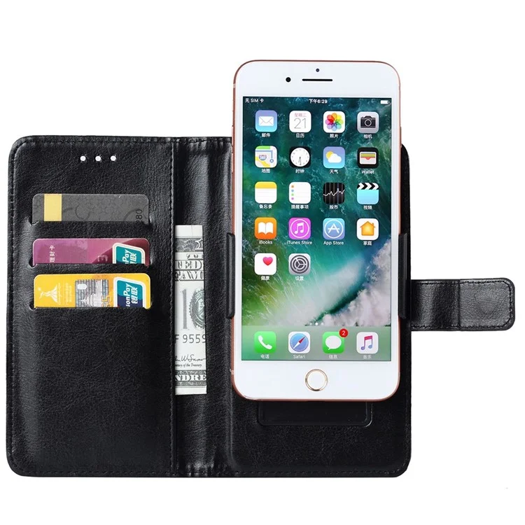 Inner Pushing Clamp Phone Case for 4.9 - 5.3 inch Phone, PU Leather Folio Flip Wallet Magnetic Clasp Cover, Size L: 18.5x15cm - Black