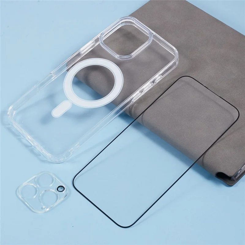 For iPhone 16 Pro TPU+Acrylic Phone Case with Silk Printing Tempered Glass Screen Film+Clear Lens Film