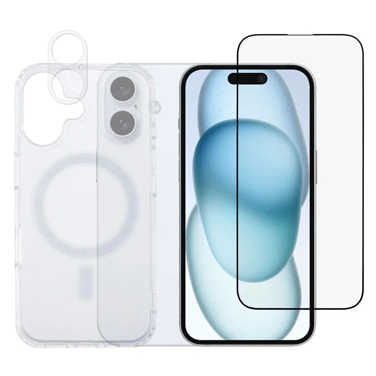 Funda de teléfono de TPU+Acrílico para iPhone 16 Plus con impresión de seda Película protectora de pantalla de vidrio templado+Película de lente clara
