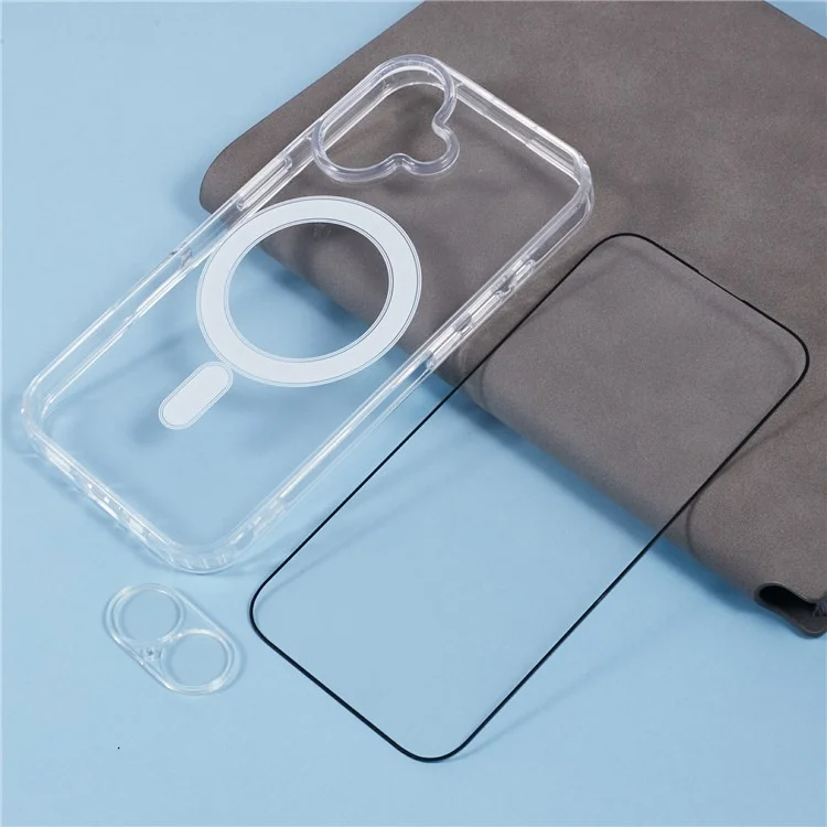 Funda de teléfono de TPU+Acrílico para iPhone 16 Plus con impresión de seda Película protectora de pantalla de vidrio templado+Película de lente clara