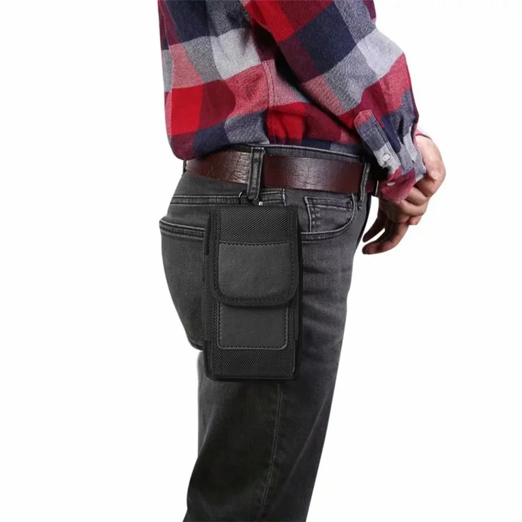 Fondina per cintura in nylon nera, custodia per cellulare, clip da cintura, borsa per vita, tessuto Oxford, verticale, Taglia: L