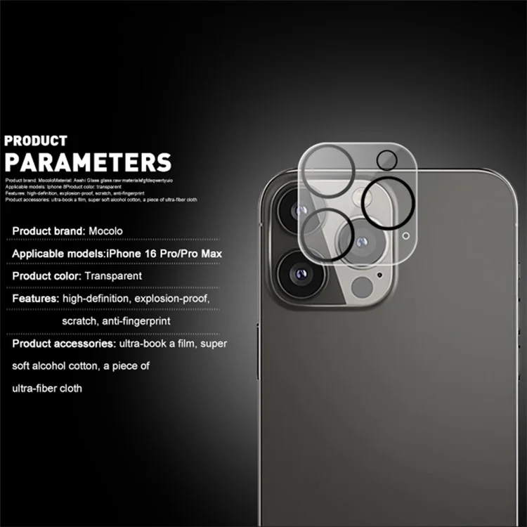 MOCOLO Per iPhone 16 Pro / 16 Pro Max Protezione Lente Fotocamera Vetro Temperato Pellicola Lente Non Influenza gli Scatti Notturni