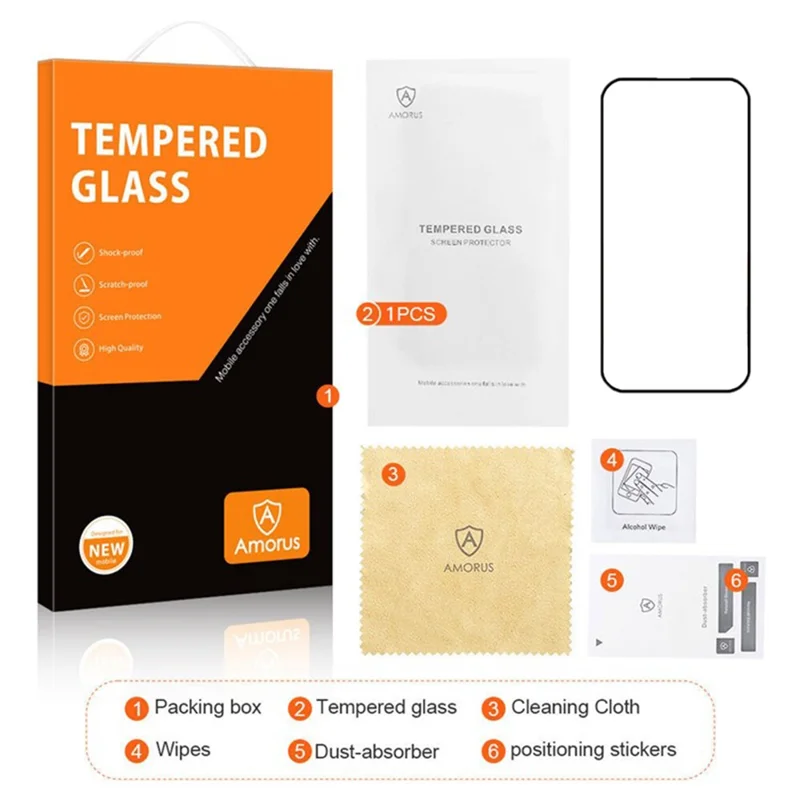 AMORUS For iPhone 16 Tempered Glass Film Anti-Shatter Screen Protector - Black