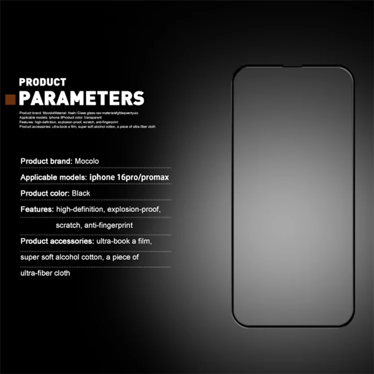 MOCOLO Pour iPhone 16 Pro Max Protecteur d'écran en verre trempé à impression de soie Couverture intégrale - Noir