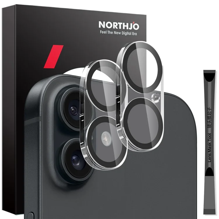 NORTHJO 2Pcs For iPhone 16 / 16 Plus Camera Lens Protector Black Circles HD Clear Tempered Glass Lens Film 3D Full Coverage