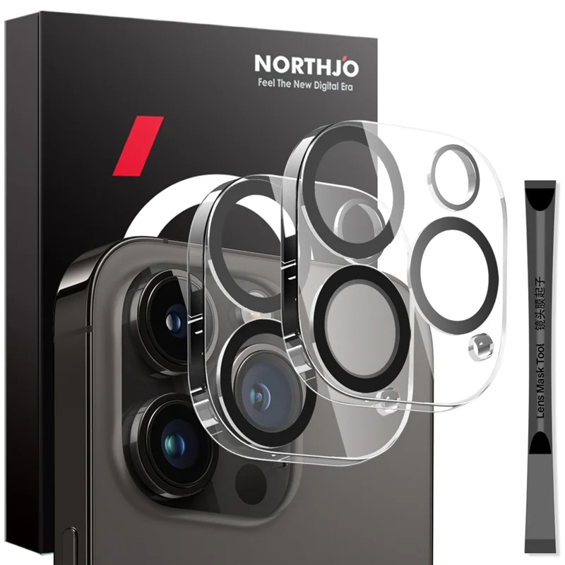NORTHJO 2 шт. для iPhone 14 Pro / 14 Pro Max, защитное стекло для камеры, черные круги, HD прозрачное закаленное стекло, пленка для объектива 3D с полным покрытием