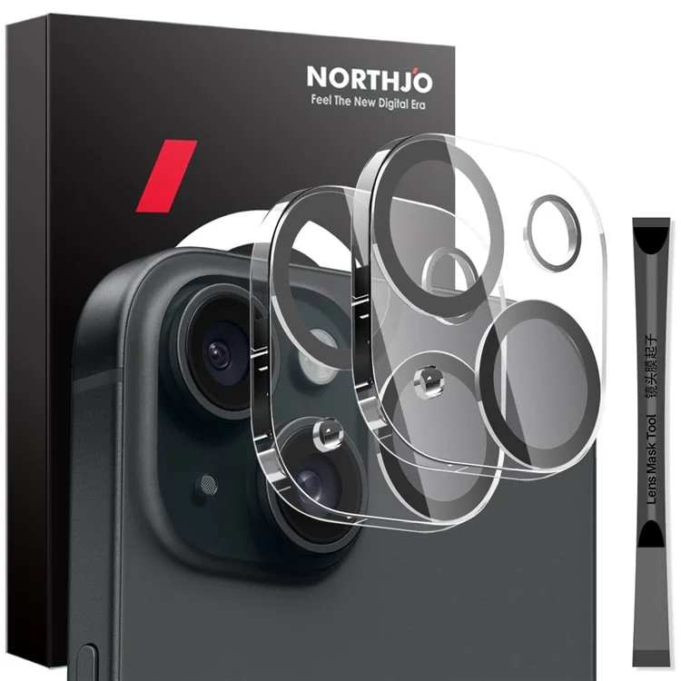 NORTHJO 2Pcs Per iPhone 15 / 15 Plus Protezione Obiettivo Fotocamera Cerchi Neri HD Vetro Temperato Trasparente Pellicola Obiettivo 3D Copertura Completa
