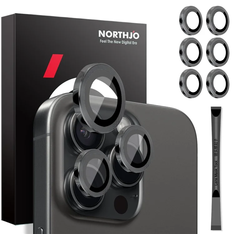 NORTHJO 2 Sets for iPhone 16 Pro / 16 Pro Max Tempered Glass Camera Lens Film CD Veins Metal Ring Lens Guard - Black