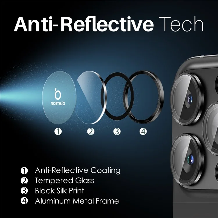 NORTHJO 2 Sets for iPhone 16 Pro / 16 Pro Max Tempered Glass Camera Lens Film CD Veins Metal Ring Lens Guard - Black