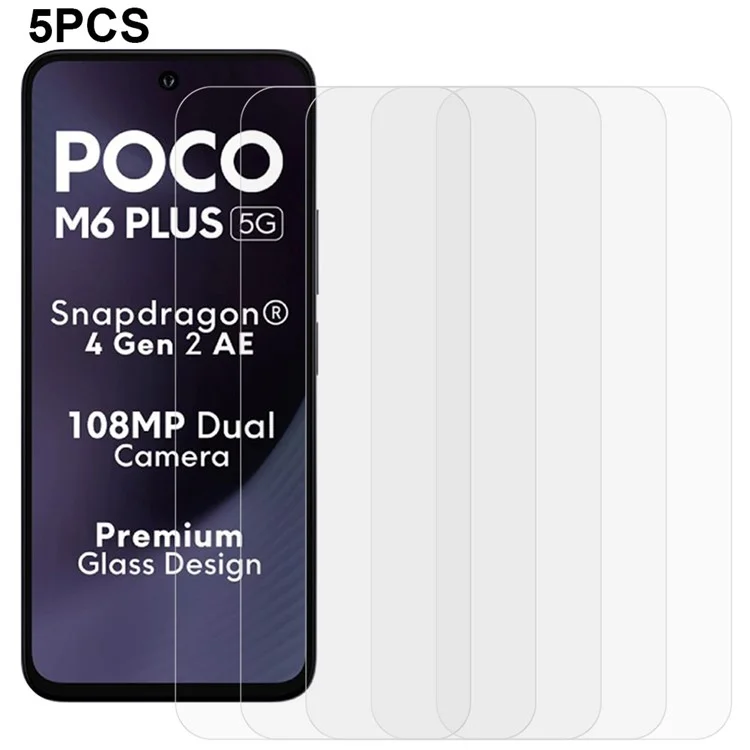 5Pz per Xiaomi Poco M6 Plus 5G Pellicola Protettiva Dello Schermo 0.3mm 2.5D Vetro Temperato Trasparente