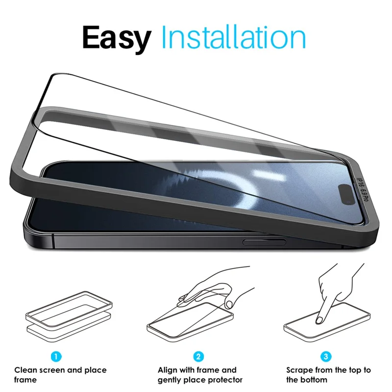 NORTHJO 2Pcs A+ Para iPhone 16 Pro Max Protector de Pantalla 0.3mm Película de Vidrio de Alto Aluminio-Silicio con Marco de Alineación, Negro