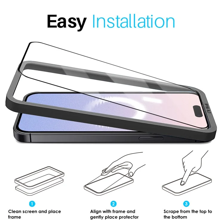 NORTHJO 2Pcs A+ Para iPhone 16 Plus / 15 Plus Protector de Pantalla 0.3mm Película de Vidrio de Silicio de Aluminio de Alta Resistencia con Marco de Alineación, Negro