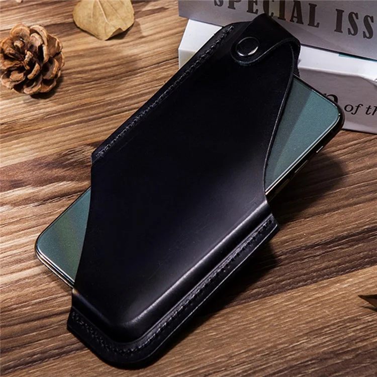 Belt Phone Bag for Men Cowhide Leather Waist Phone Case Lightweight Hollow Design Cell Phone Pouch (Size: L) - Black