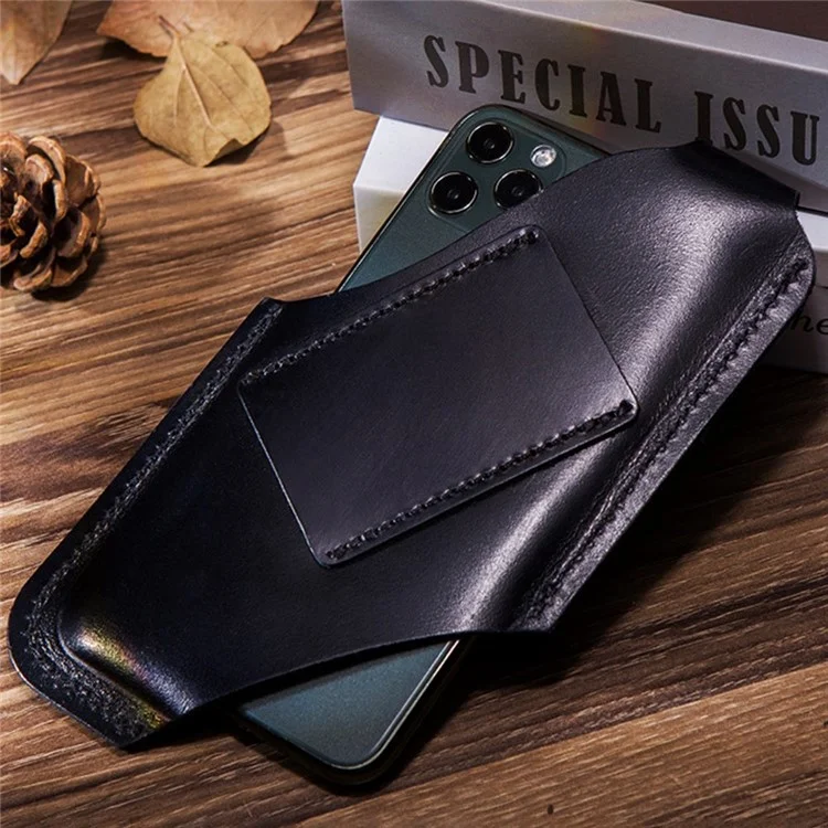 Belt Phone Bag for Men Cowhide Leather Waist Phone Case Lightweight Hollow Design Cell Phone Pouch (Size: L) - Black