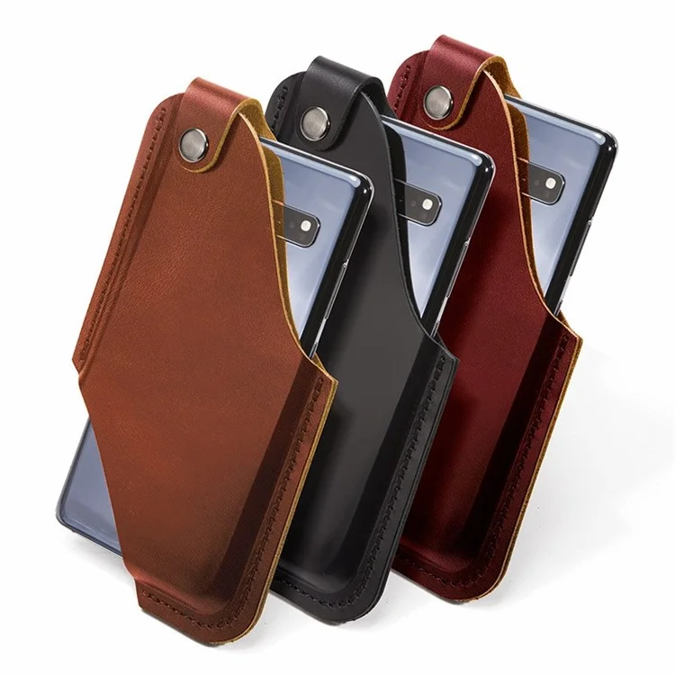 Belt Phone Bag for Men Cowhide Leather Waist Phone Case Lightweight Hollow Design Cell Phone Pouch (Size: L) - Black