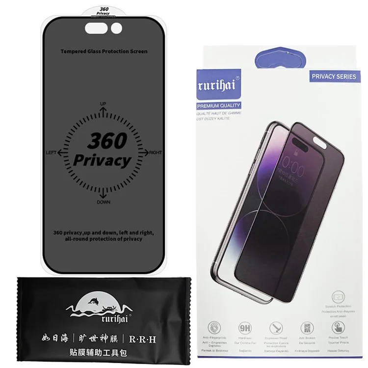 RURIHAI For iPhone 16 360 Degree Anti-Spy Screen Protector Silk Printing Full Cover Film