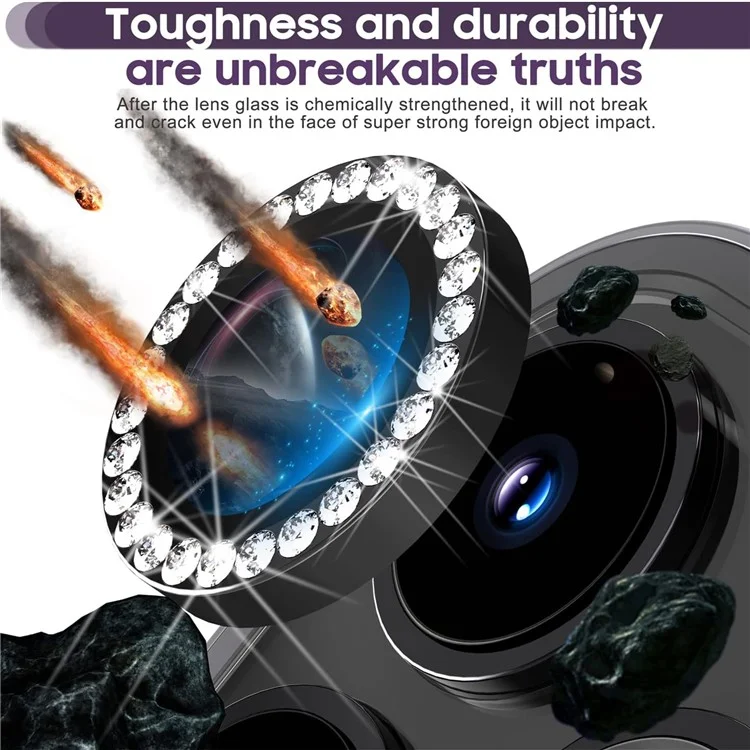 1 set pour iPhone 16 Pro / 16 Pro Max Protecteur d'objectif de caméra Verre trempé + Anneau en métal Strass Film pour objectif - Noir