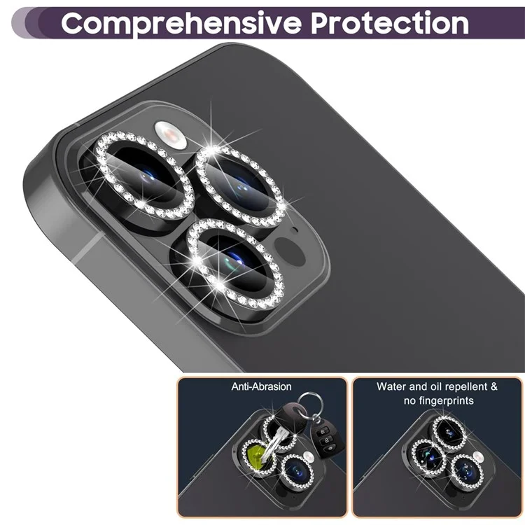 1 set pour iPhone 16 Pro / 16 Pro Max Protecteur d'objectif de caméra Verre trempé + Anneau en métal Strass Film pour objectif - Noir