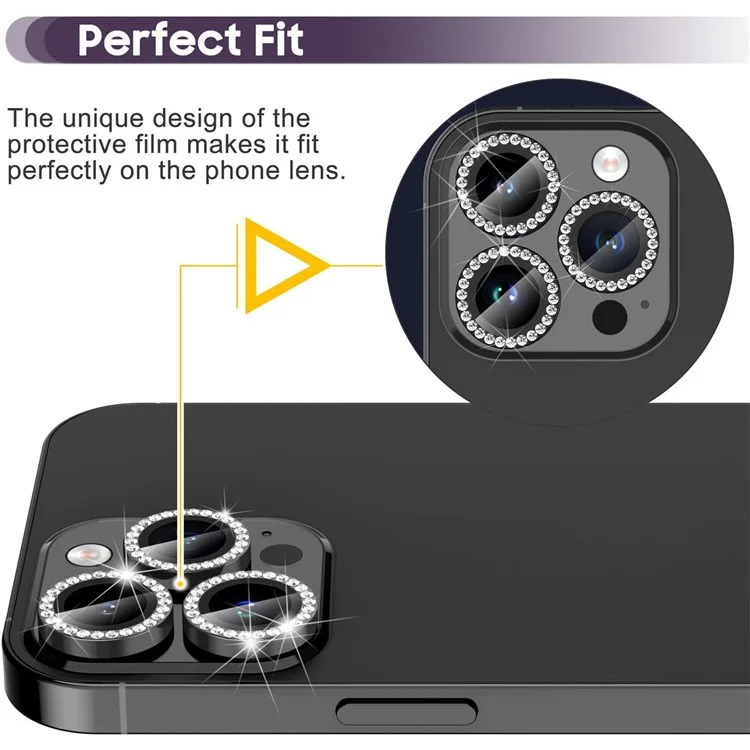 1 set pour iPhone 16 Pro / 16 Pro Max Protecteur d'objectif de caméra Verre trempé + Anneau en métal Strass Film pour objectif - Noir