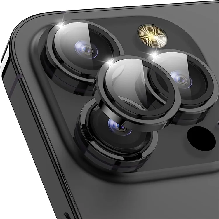 1 set pour iPhone 16 Pro / 16 Pro Max Objectif de caméra Film Verre trempé CD Veine Bague métallique Protecteur d'objectif arrière - Noir
