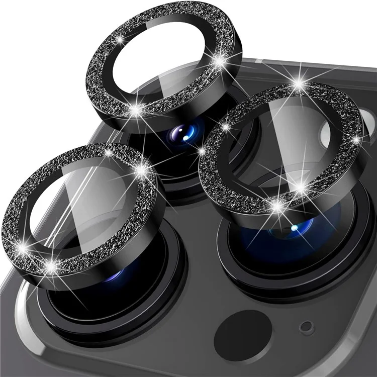 Pour iPhone 16 Pro / 16 Pro Max Glitter Camera Lens Film Metal Ring+Tempered Glass Phone Lens Protector - Noir