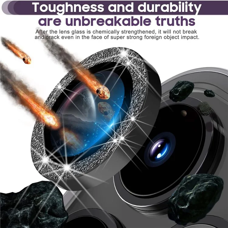 Pour iPhone 16 Pro / 16 Pro Max Glitter Camera Lens Film Metal Ring+Tempered Glass Phone Lens Protector - Noir