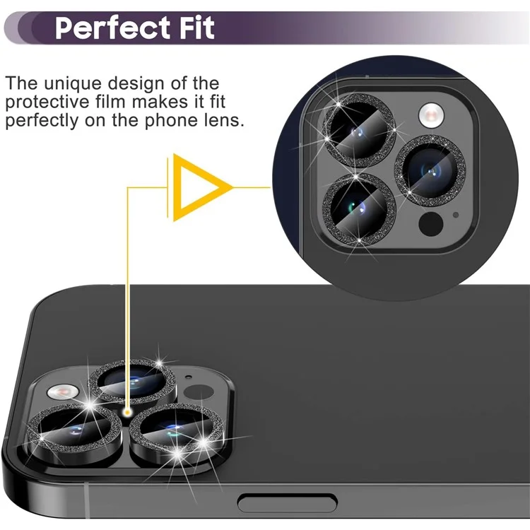 Pour iPhone 16 Pro / 16 Pro Max Glitter Camera Lens Film Metal Ring+Tempered Glass Phone Lens Protector - Noir