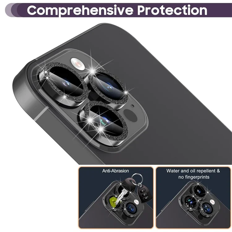 Pour iPhone 16 Pro / 16 Pro Max Glitter Camera Lens Film Metal Ring+Tempered Glass Phone Lens Protector - Noir