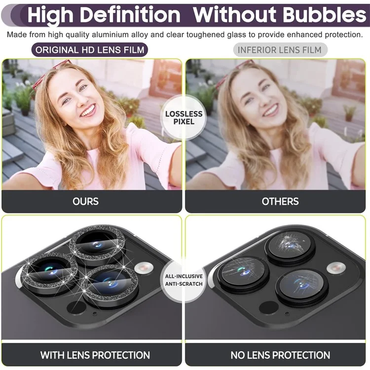 Pour iPhone 16 Pro / 16 Pro Max Glitter Camera Lens Film Metal Ring+Tempered Glass Phone Lens Protector - Noir