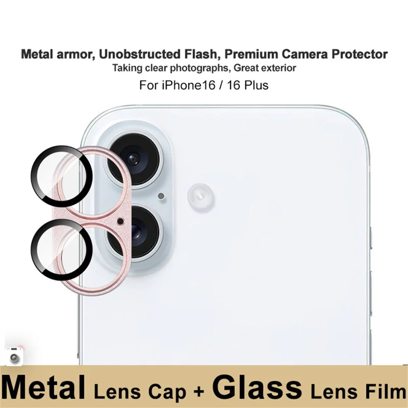 IMAK Für iPhone 16 Plus / 16 Kameraobjektiv-Film Metalllinsenkappe + Gehärtetes Glas-Linsenschutz - Pink