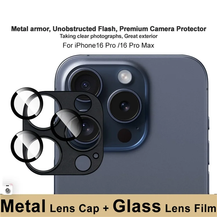 IMAK для iPhone 16 Pro Max / 16 Pro Camera Lens Film Metal Lens Cap+Tempered Glass Lens Protector - Черный