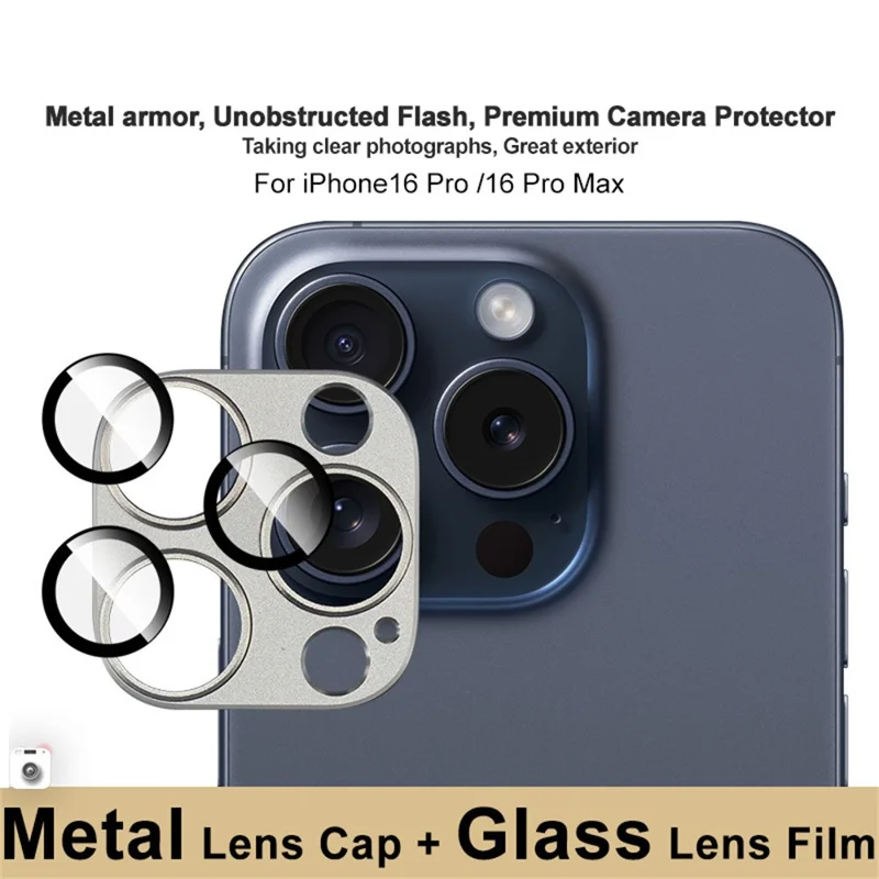 IMAK For iPhone 16 Pro Max / 16 Pro Camera Lens Film Metal Lens Cap+Tempered Glass Lens Protector - Grey